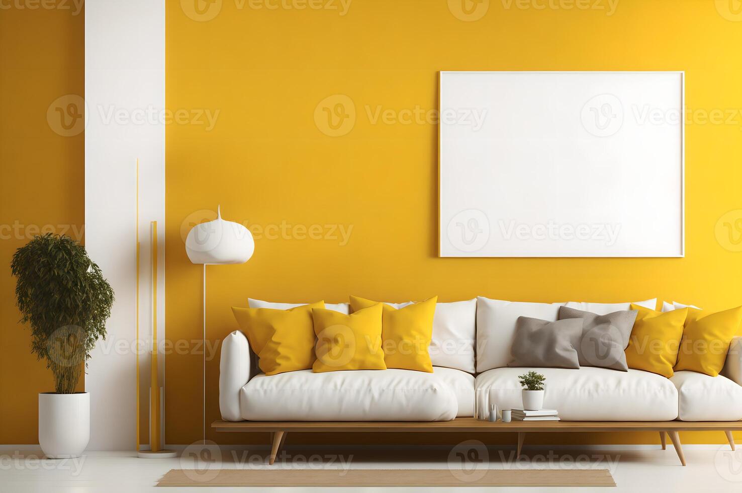 modern living room with white sofa, yellow wall and mockup and table background, photo