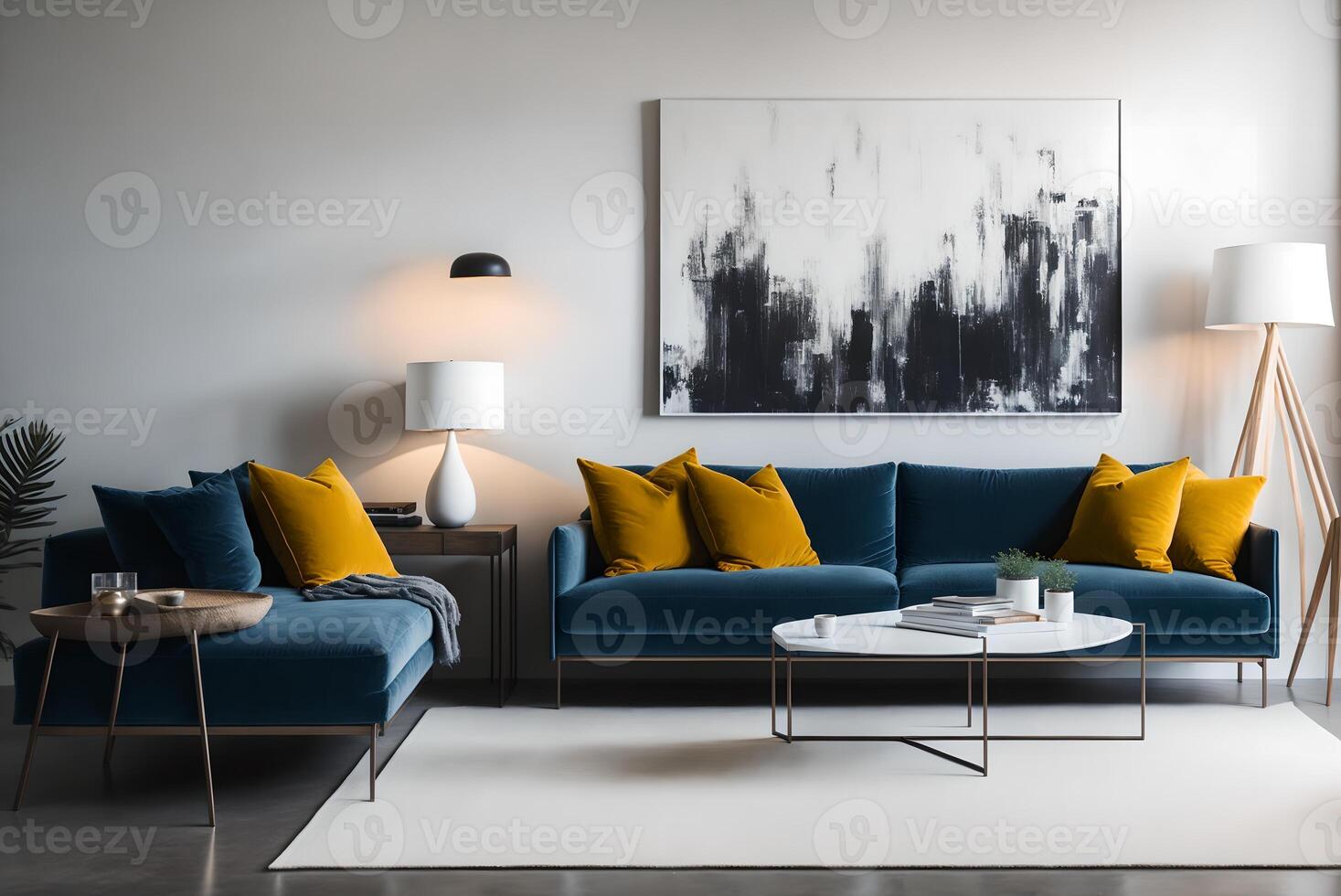 In the interior of a living room with chairs seated at a table beneath a metal light, there is a painting on a white wall above the sofa with cushions, photo