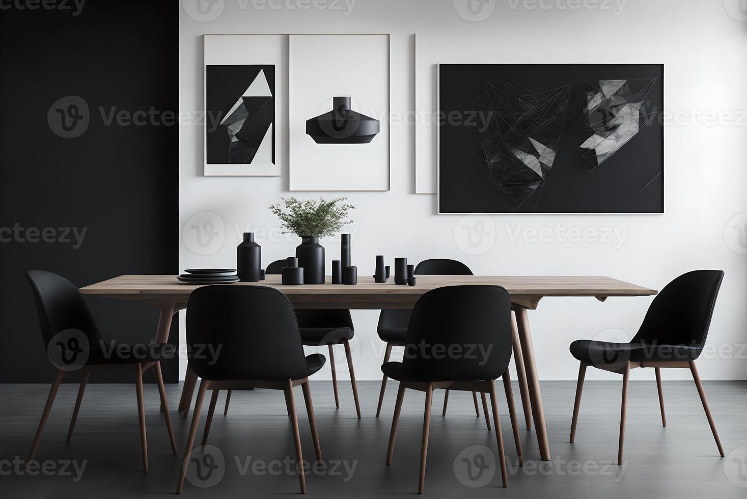 elegante comida habitación interior con diseño de madera familia mesa, negro sillas, tetera con taza, burlarse de arriba Arte pinturas en el pared y elegante accesorios en moderno hogar decoración., ai generado foto