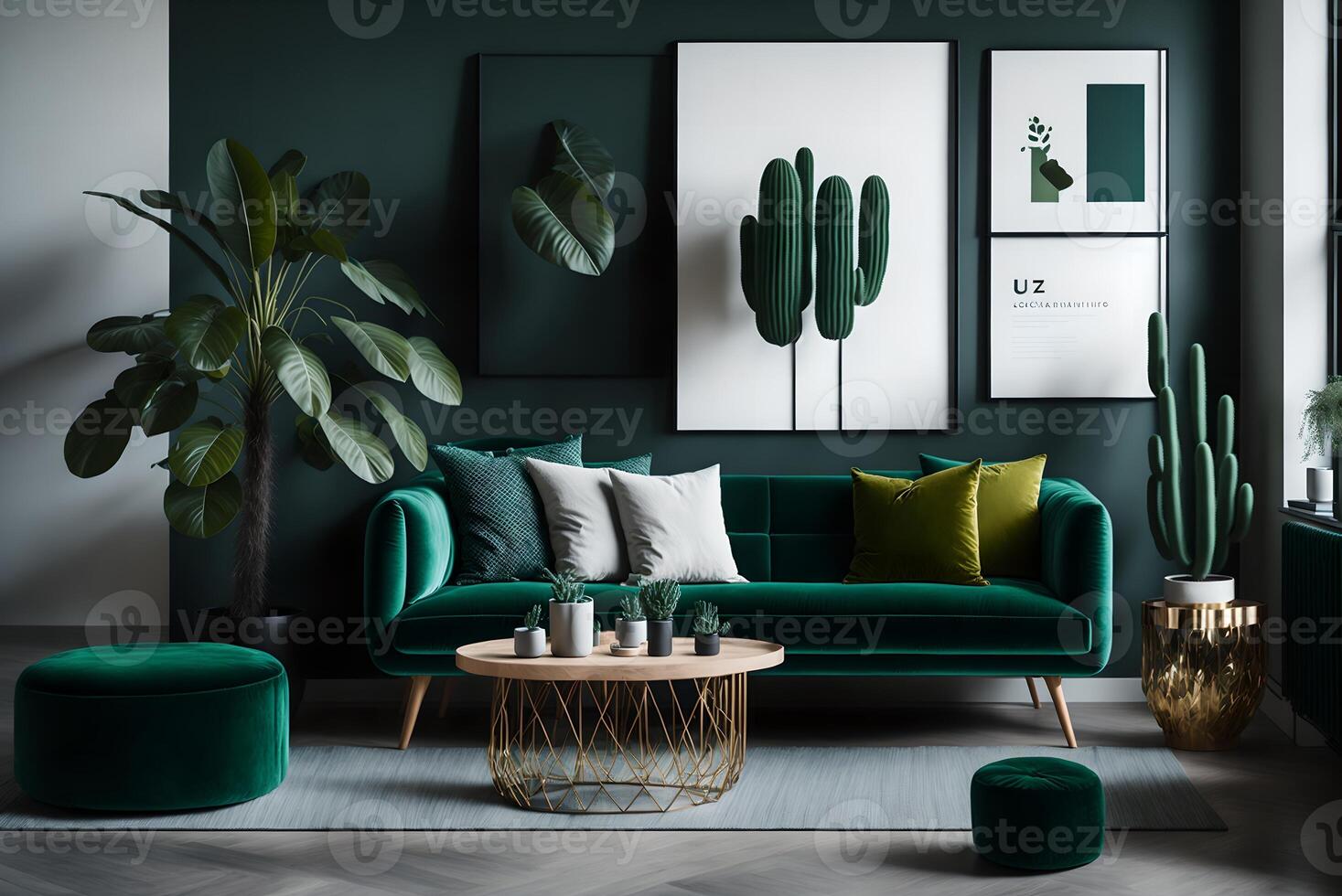 stylish scandinavian interior of living room with design green velvet sofa, gold pouf, wooden furniture, cacti, carpet, cube, copy space and mock up poster frames, photo