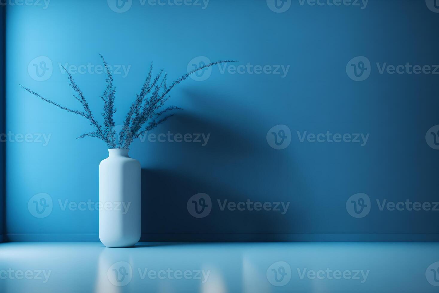 empty interior background, blue wall, a window, and a vase rendered in 3D using photo