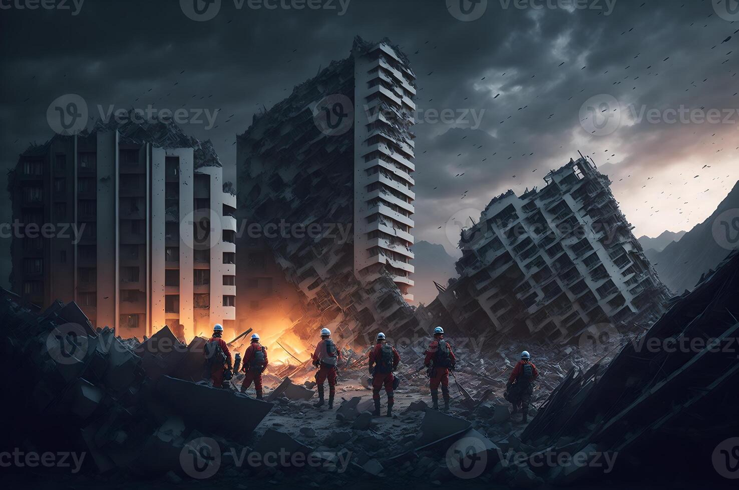 rescuers among rubbles of skyscrapers after an earthquake around the fire, with a dark sky and a lot of birds, natural disasters, photo