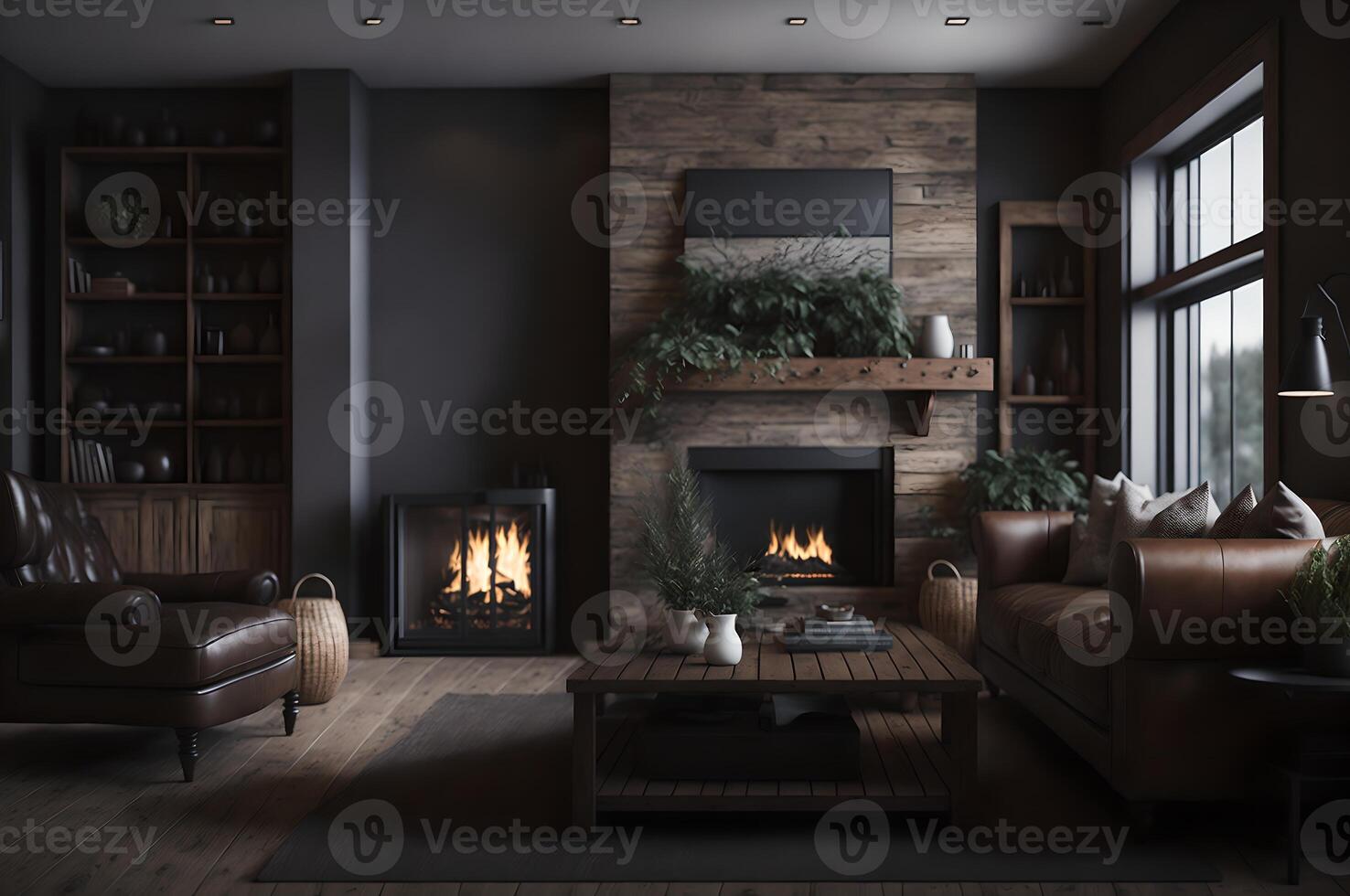 luxury living room with a brown leather sofa and armchair with a fireplace and young tree, AI Generated photo