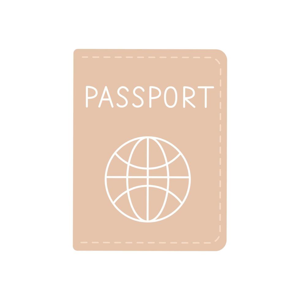 Passport in beige leather cover with stitching and simple globe. Identification document of a citizen.  Travel, tourism and immigration concept. Vector flat illustration isolated on white background