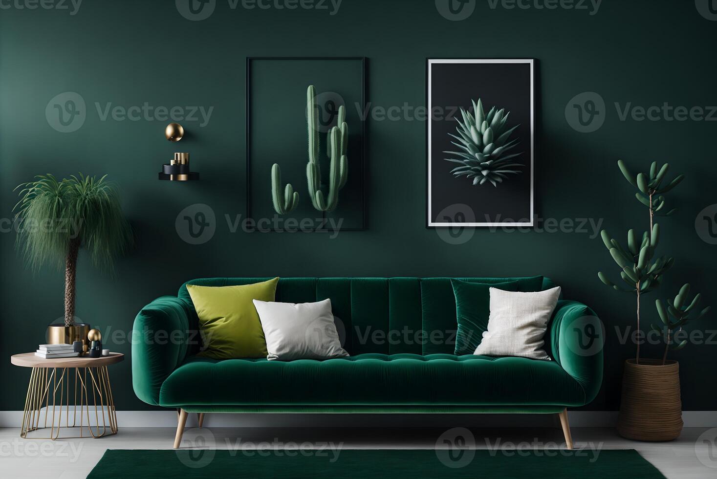 stylish scandinavian interior of living room with design green velvet sofa, gold pouf, wooden furniture, cacti, carpet, cube, copy space and mock up poster frames. template., photo