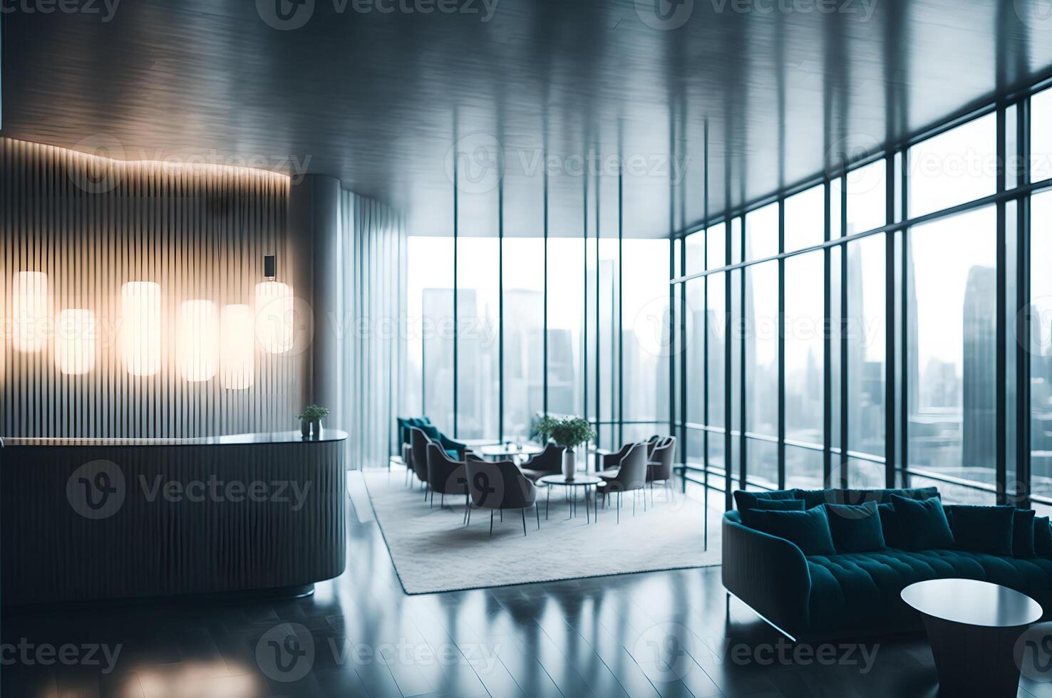 luxury white reception in a business office in a skyscraper with glass big window that shows other building, chairs and table interior design, furniture decoration, photo