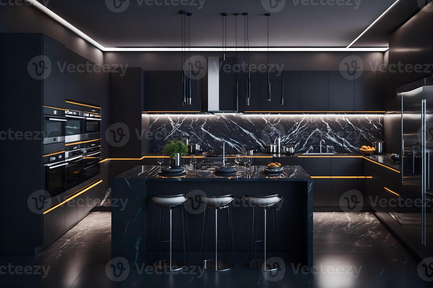 moderno cocina interior, lujo decoración para un cocina con LED luz, mueble decoración, de moda negro estilo para el interior cocina, ai generado foto