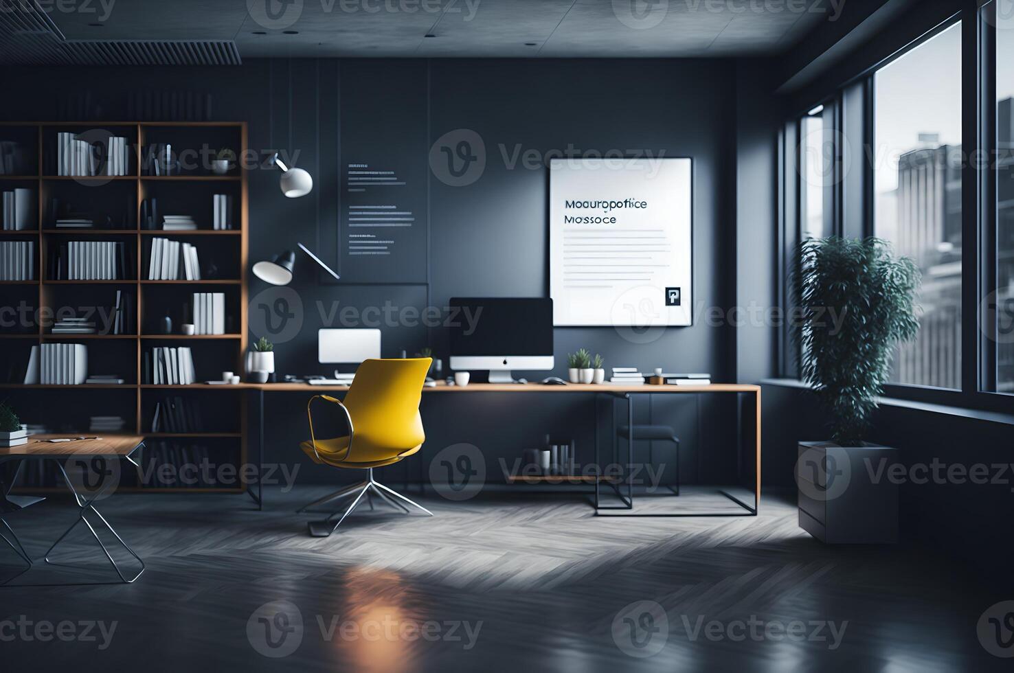 modern office interior with a yellow chair and desk and computer and bookshelves, photo