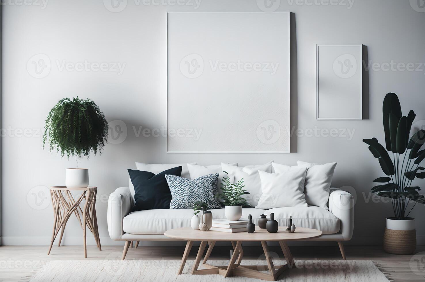 interior of a modern white sofa and plants under vertical mockups on a white wall, photo