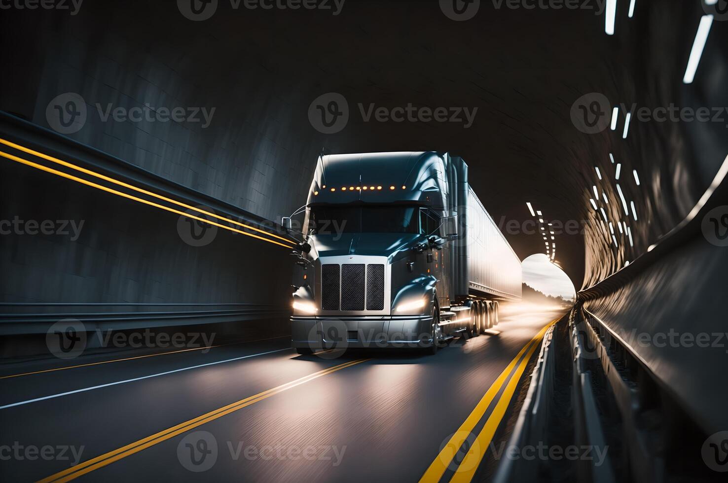 semi truck with container in tunnel at high speed on highway, photo