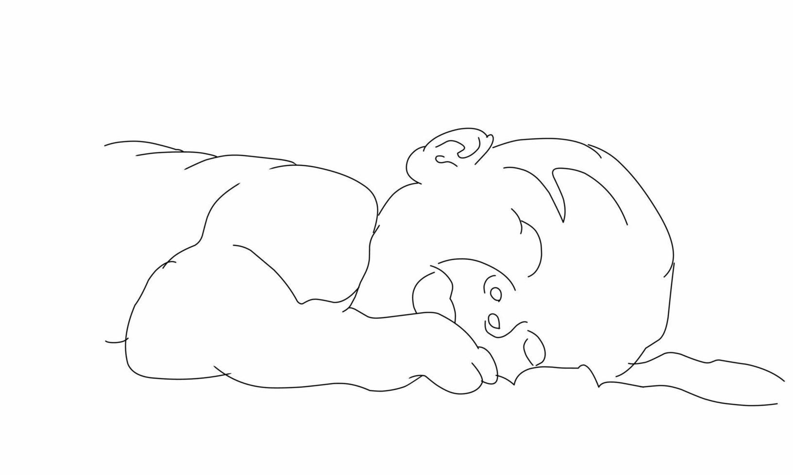 Line art of a baby lying on his stomach on a blanket seen from the side with his hand in his mouth. vector