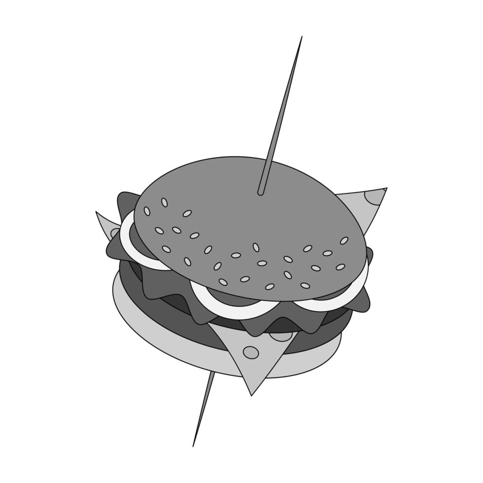 americano hamburguesa en un brocheta con queso y cebolla anillos y lechuga en escala de grises rápido comida día. eps vector