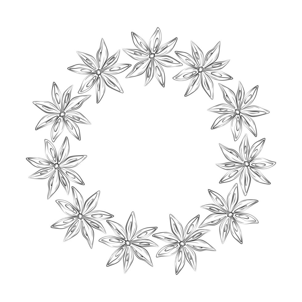 Abstract circle frame of hand drawing star anise with copyspace. Line art. Contour drawing design. vector