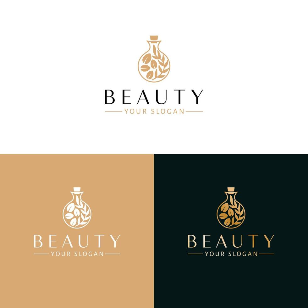 Beauty vector logo design. Round flask with leaves logotypy. Natural medicine logo template.