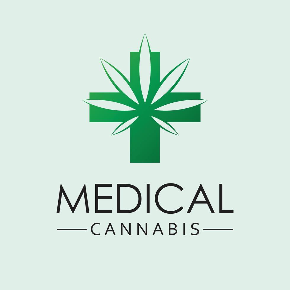 Medical cannabis vector logo design. Cross and hemp leaf logotype. Organic medicine logo template.
