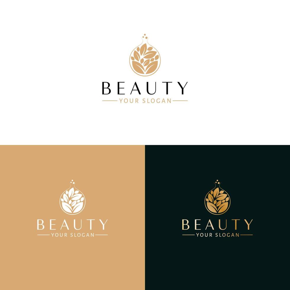 Beauty vector logo design. Round flask with leaves logotypy. Natural medicine logo template.