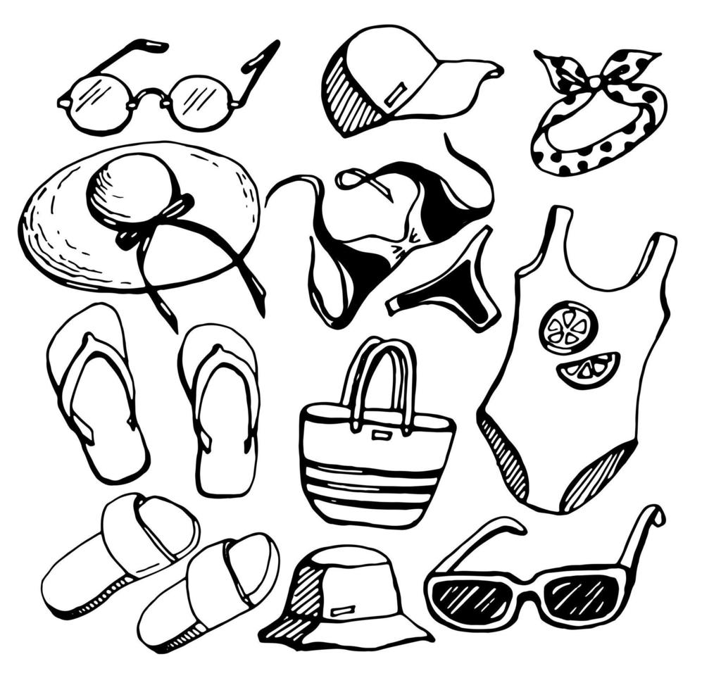 ropa de playa, zapatos, anteojos, sombreros, bolsa. vector