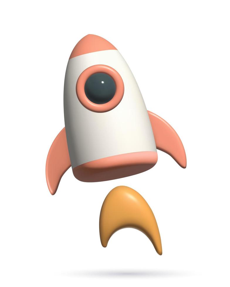 3d space rocket icon on white background.. Cute cartoon toy spaceship with flame three dimensional vector illustration. Space travelling or start up concept.