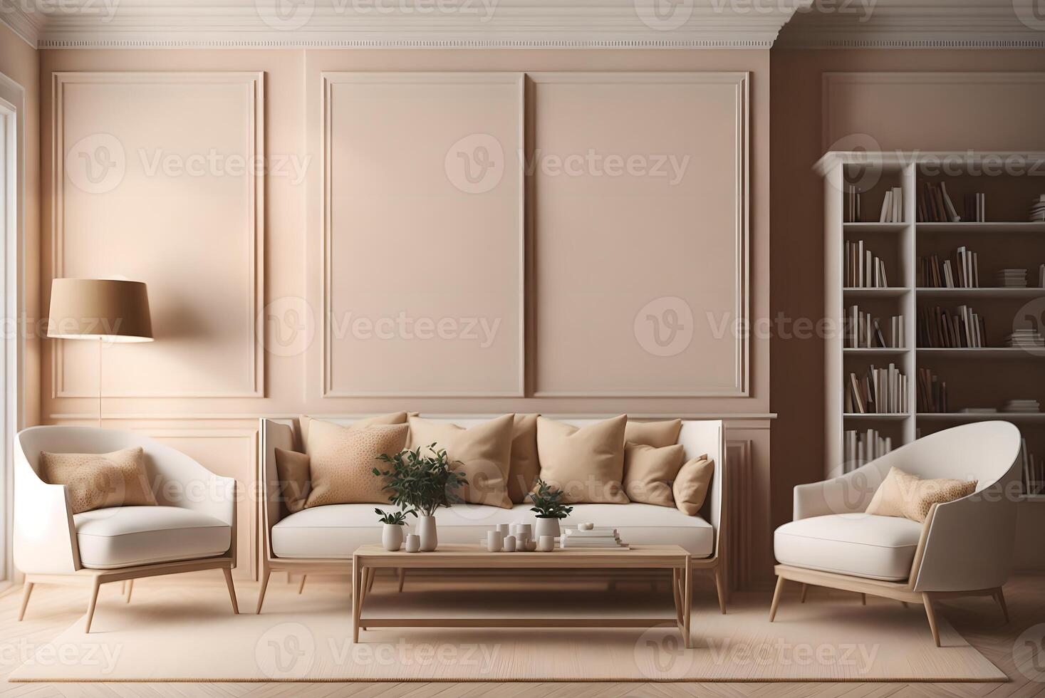 beige room interior with two armchairs and sofa, wooden bookshelf with books and decoration, carpet and parquet floor. mockup blank copy space frame poster, 3d rendering, photo