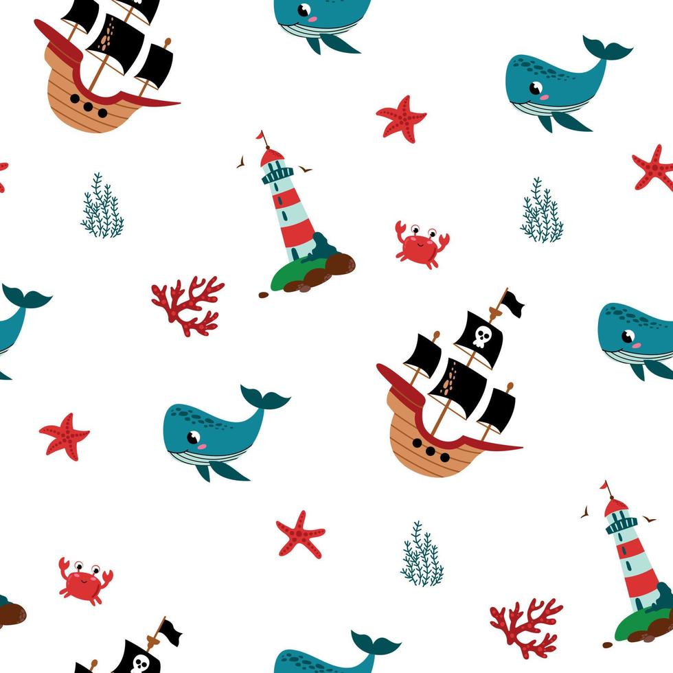 Seamless pattern with cute pirates. Design for fabric, textile, wallpaper, packaging. vector