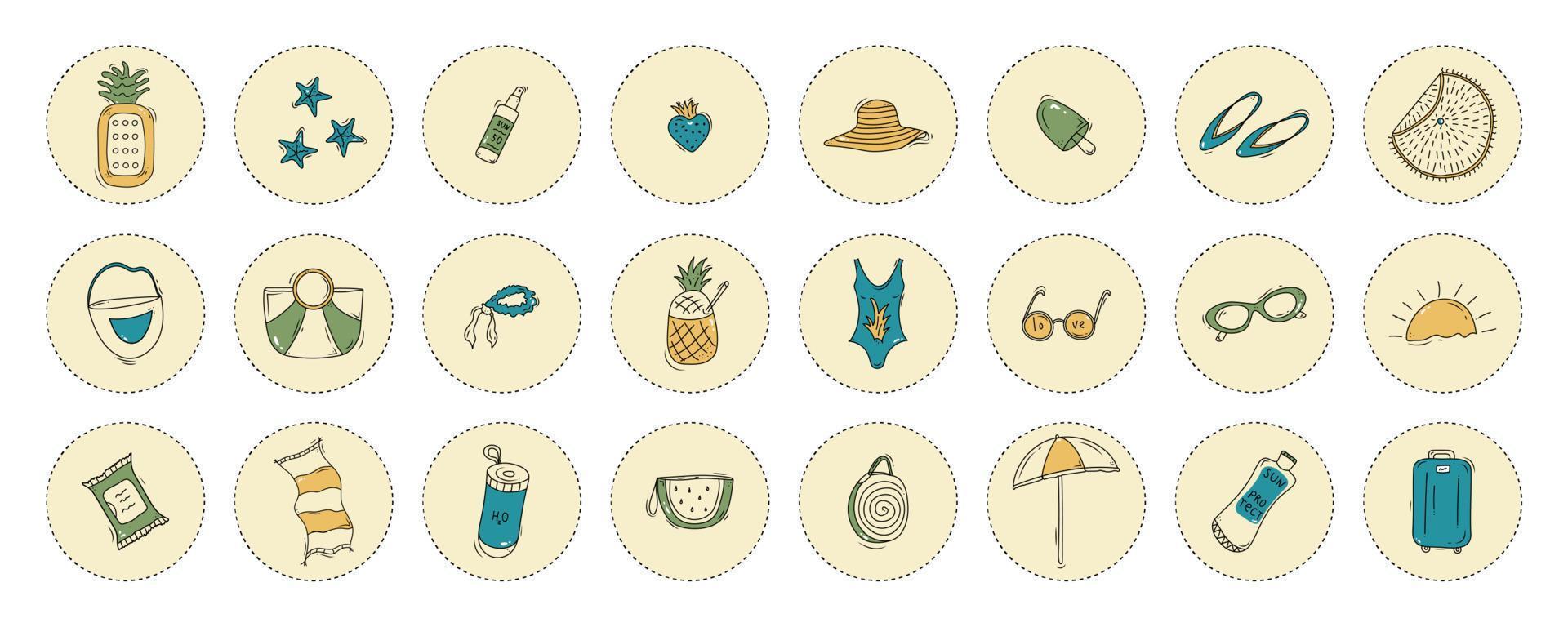 Groovy summer sticker pack. Doodle trendy travel illustrations in circles. Collection of sea travel stickers for planner vector