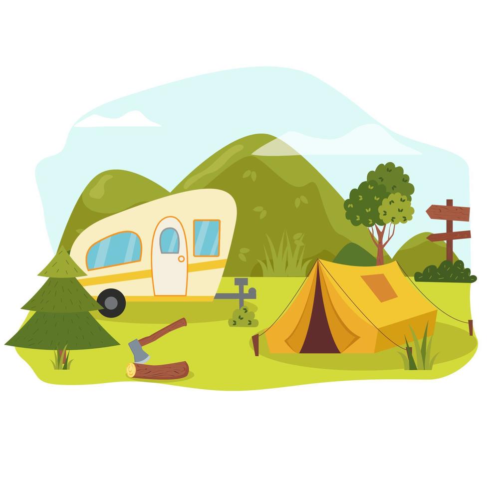 Camping concept art. Flat style illustration of beautiful landscape, mountains, forest, tent, and a campfire. Design for banner, poster, website, emblem, logo and others. vector