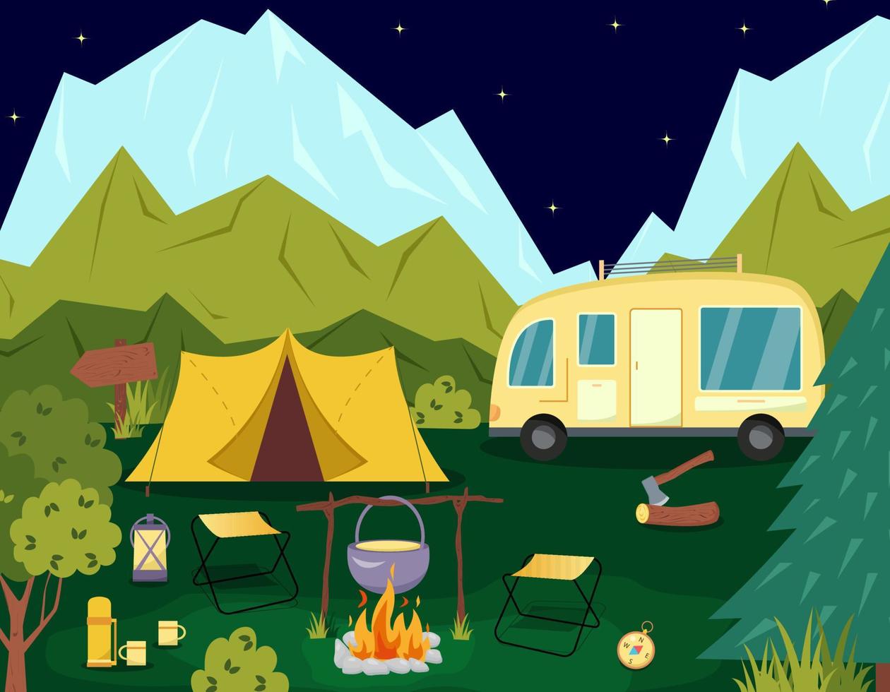 Camping concept art. Flat style illustration of beautiful landscape, mountains, forest, tent, and a campfire. Design for banner, poster, website, emblem, logo and others. vector