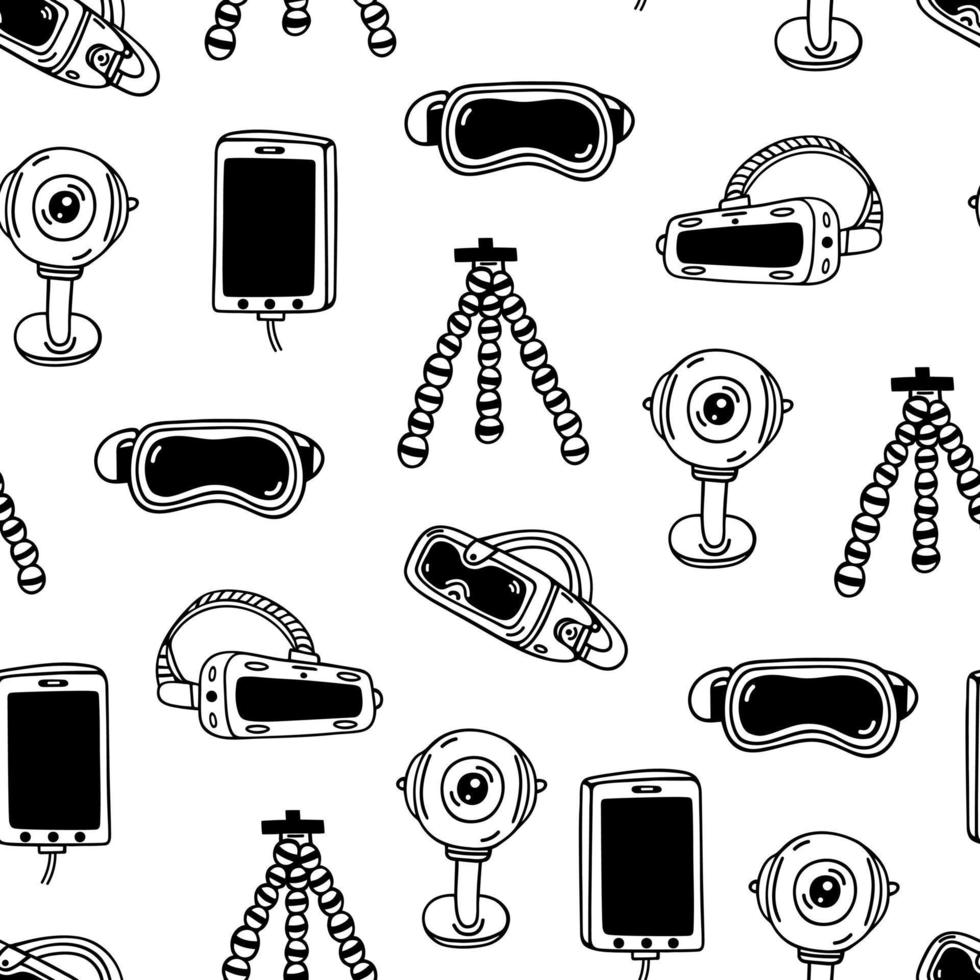 Modern technology seamless vector pattern. VR headset, 3D glasses, webcam, mobile phone, tripod. Virtual and augmented reality. Device for games, video. Simple doodle. Background for packaging, web