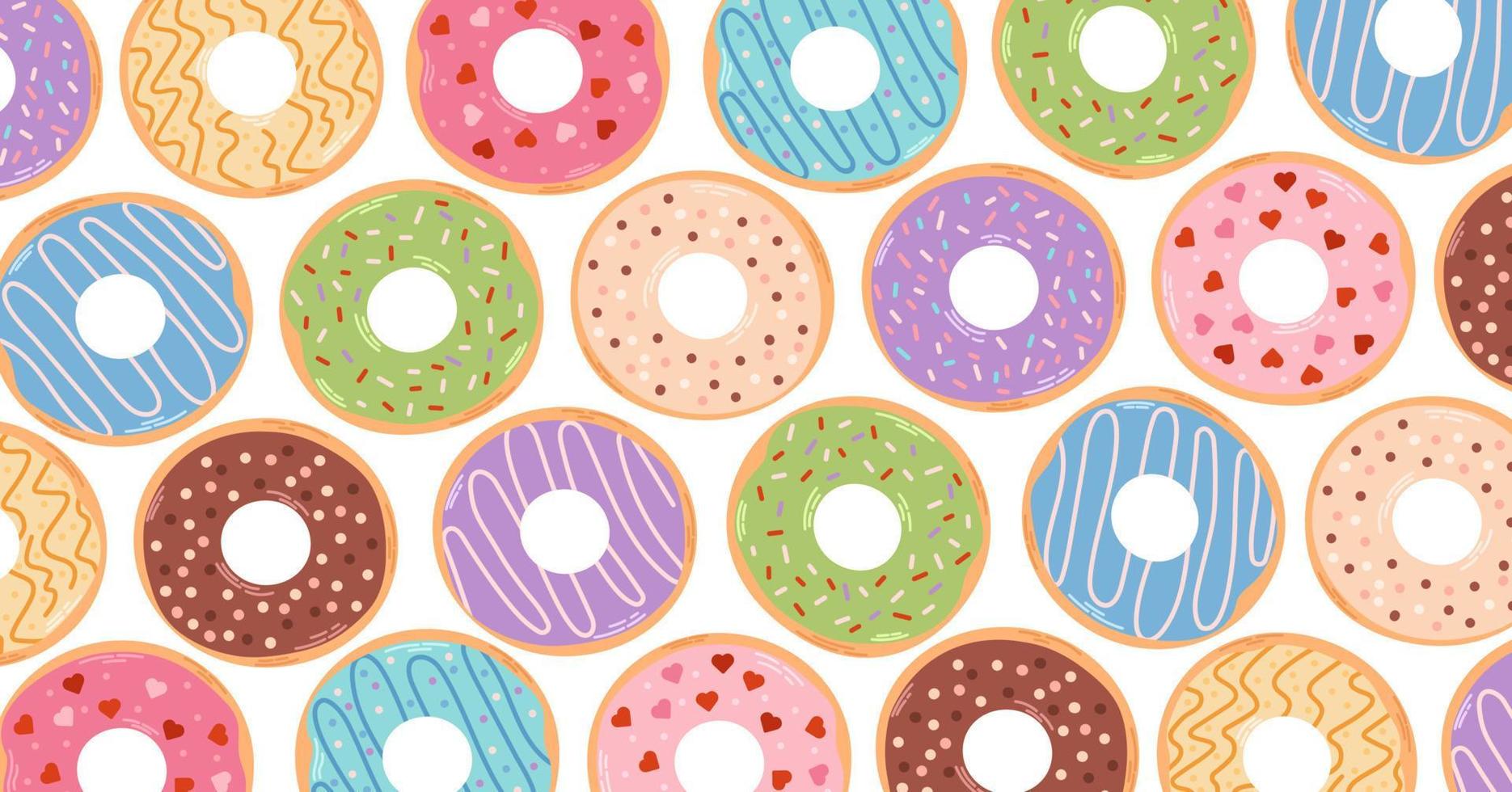 Horizontal background with colorful donuts. Various types of donuts in glaze and chocolate, elements for design of cafe, menu, promo banner. Flat vector cartoon illustration.