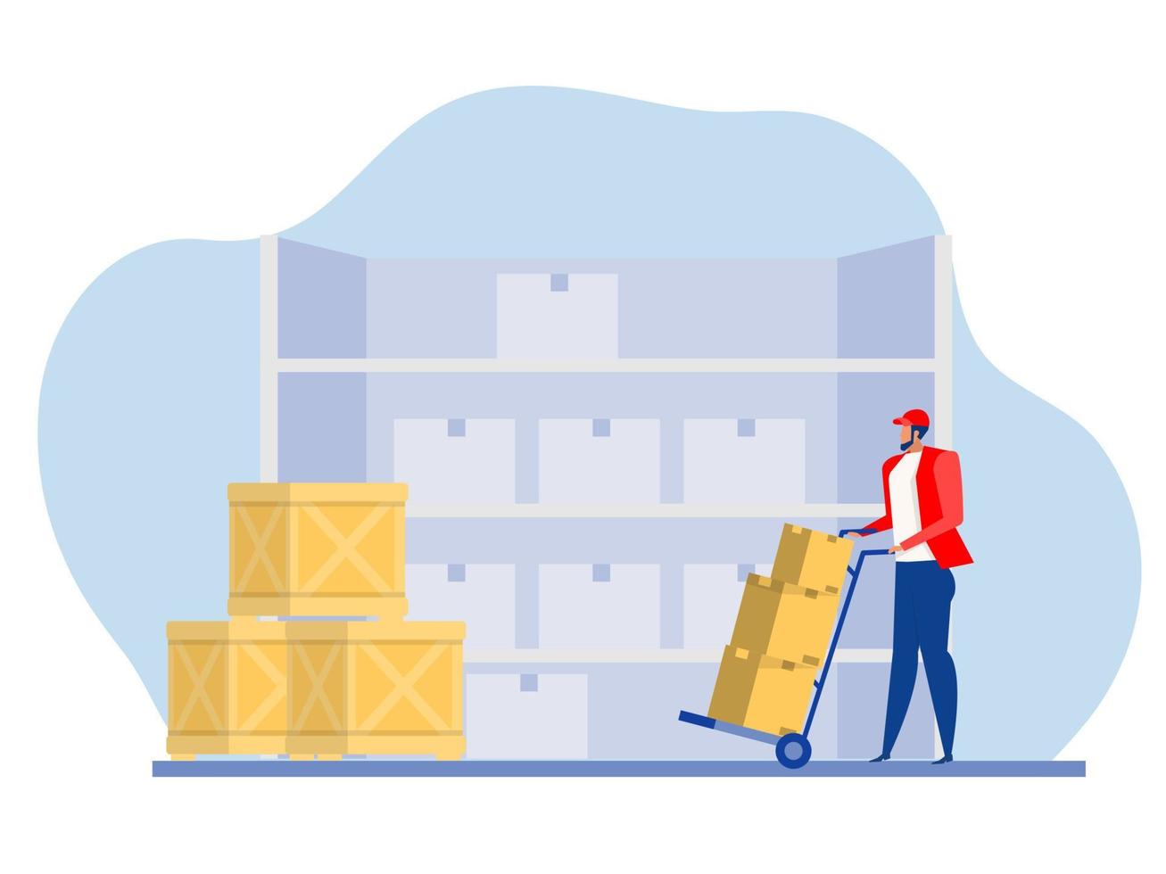 delivery man rolling cardboard Carries boxes on handcart. Warehouse worker,Relocation and moving,  logistics management. vector illustration