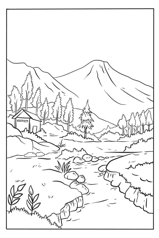 Coloring page of a mountain scene with a river and a house in the background. vector