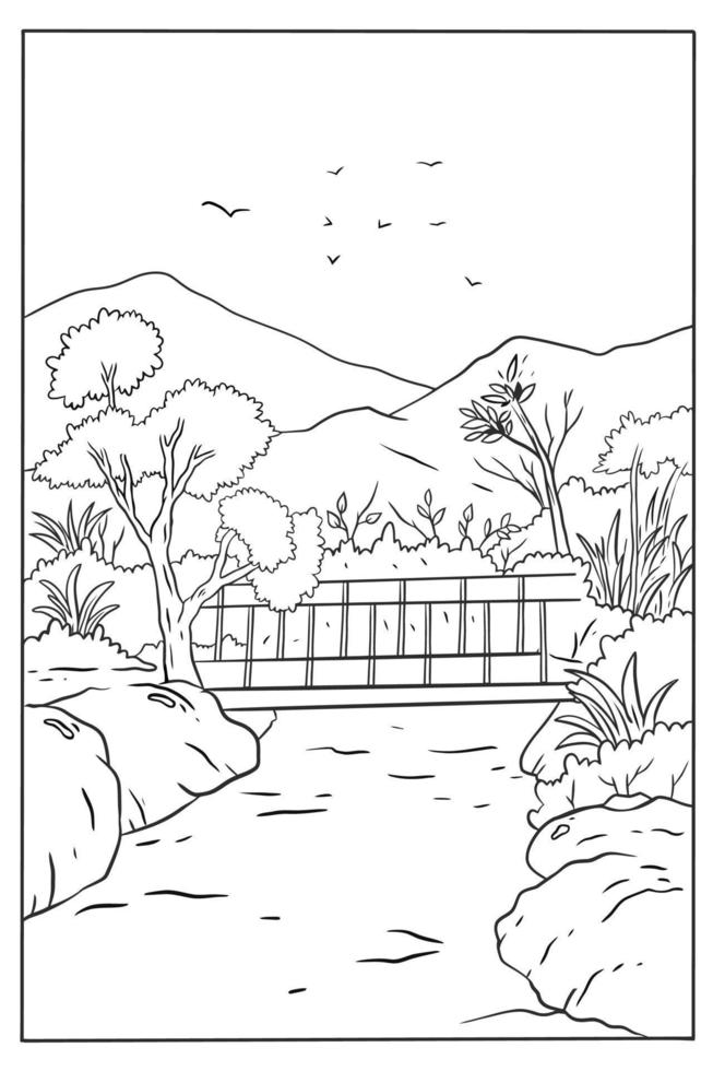 Coloring page of a river with a bridge and mountains in the background vector