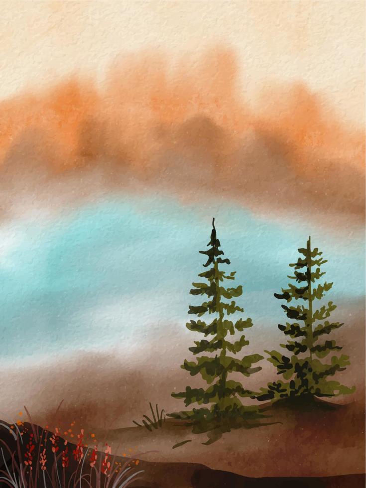 A painting of two pine trees on a beach with a sunset in the background. vector