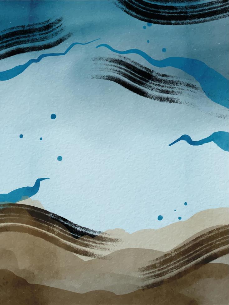 A watercolor painting of a beach with blue and brown waves and the sky in the background. vector