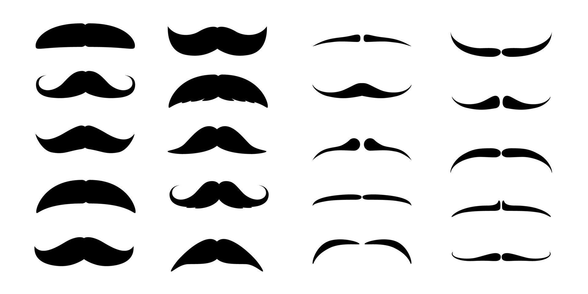 Set of Mustaches. Black silhouette of adult man moustaches. Symbol of Fathers day. Vector illustration isolated on white