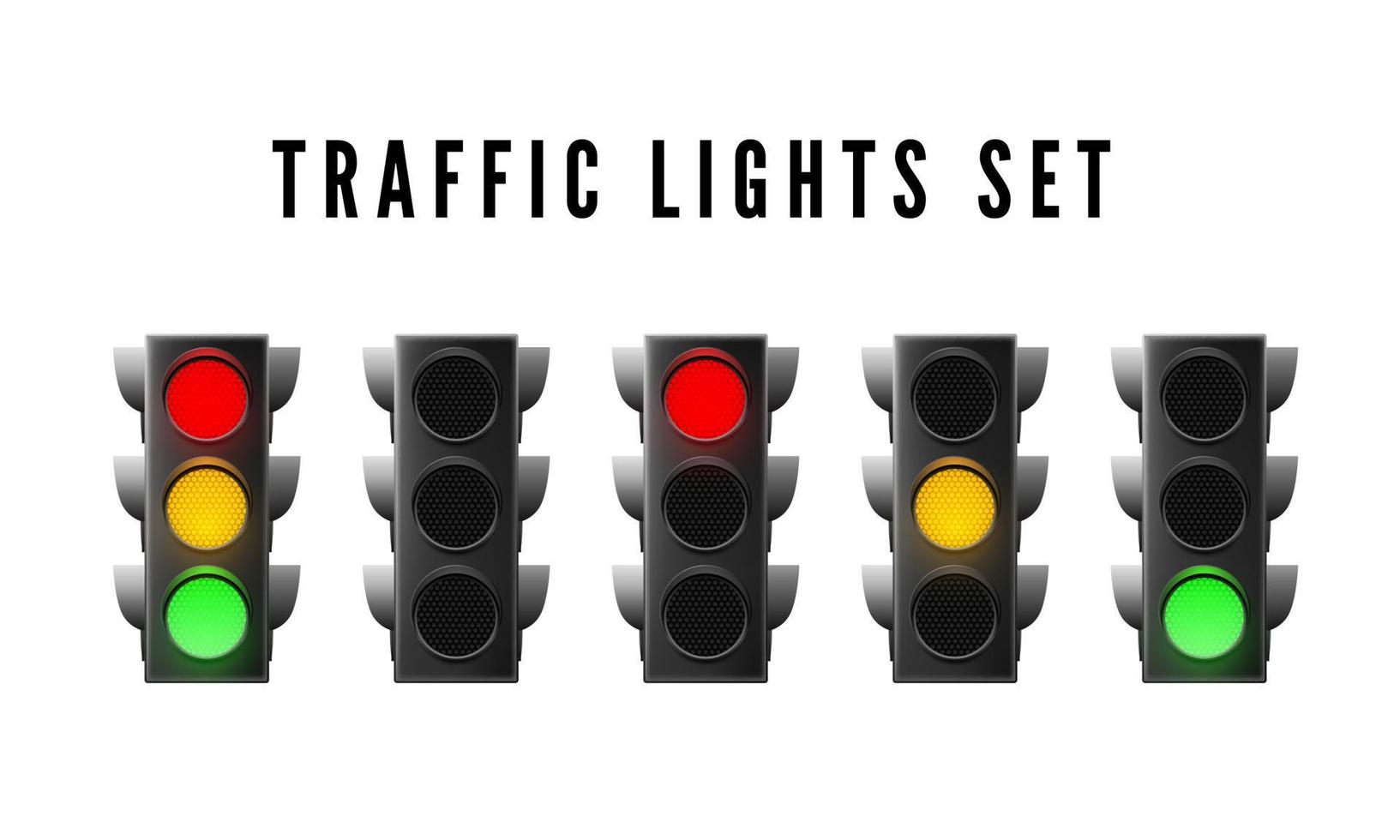 Set of realistic traffic lights. Red yellow and green traffic signal. Isolated vector illustration