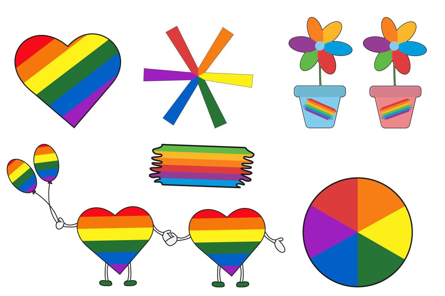 Collection of flat design elements for pride month celebration flowers in pots, hearts holding hands, balloons, star, circle vector