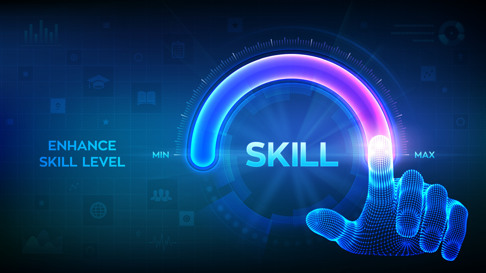 Skill levels growth. Increasing Skills Level. Wireframe hand is pulling