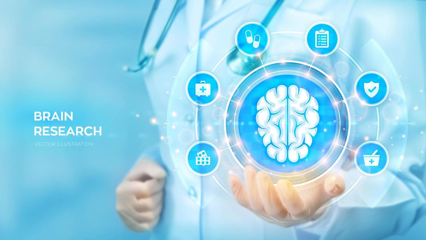 Brain research. Neurology. Doctor holding in hand the hologram of human brain and medical icons network connection on virtual screen. Innovative technology in science and medicine. Vector illustration