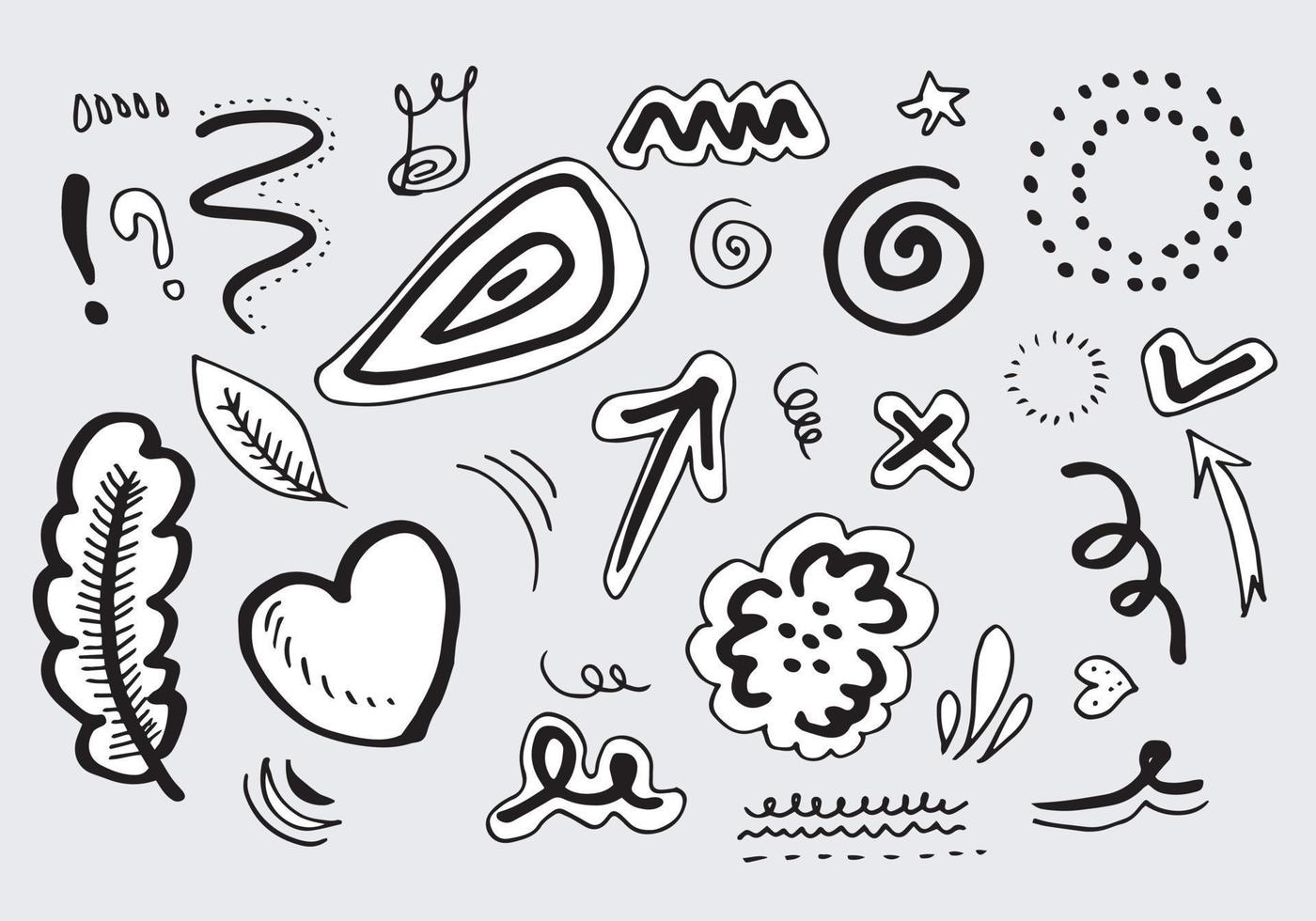 Hand drawn set elements, black on white background. Arrow, heart, love, star, leaf, sun, light, flower, crown, king, queen,Swishes, swoops, emphasis ,swirl, heart, for concept design. vector