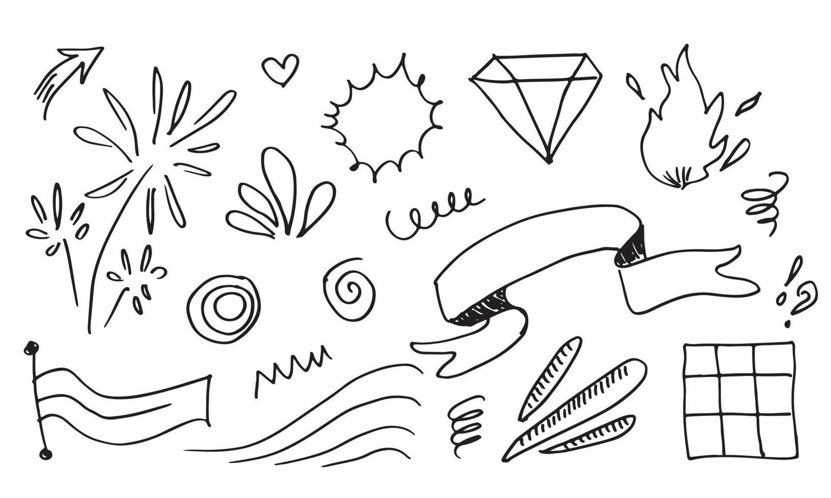 Hand drawn set elements, black on white background. Arrow, heart, love, star, leaf, sun, light, flower, crown, king, queen,Swishes, swoops, emphasis ,swirl, heart, for concept design. vector