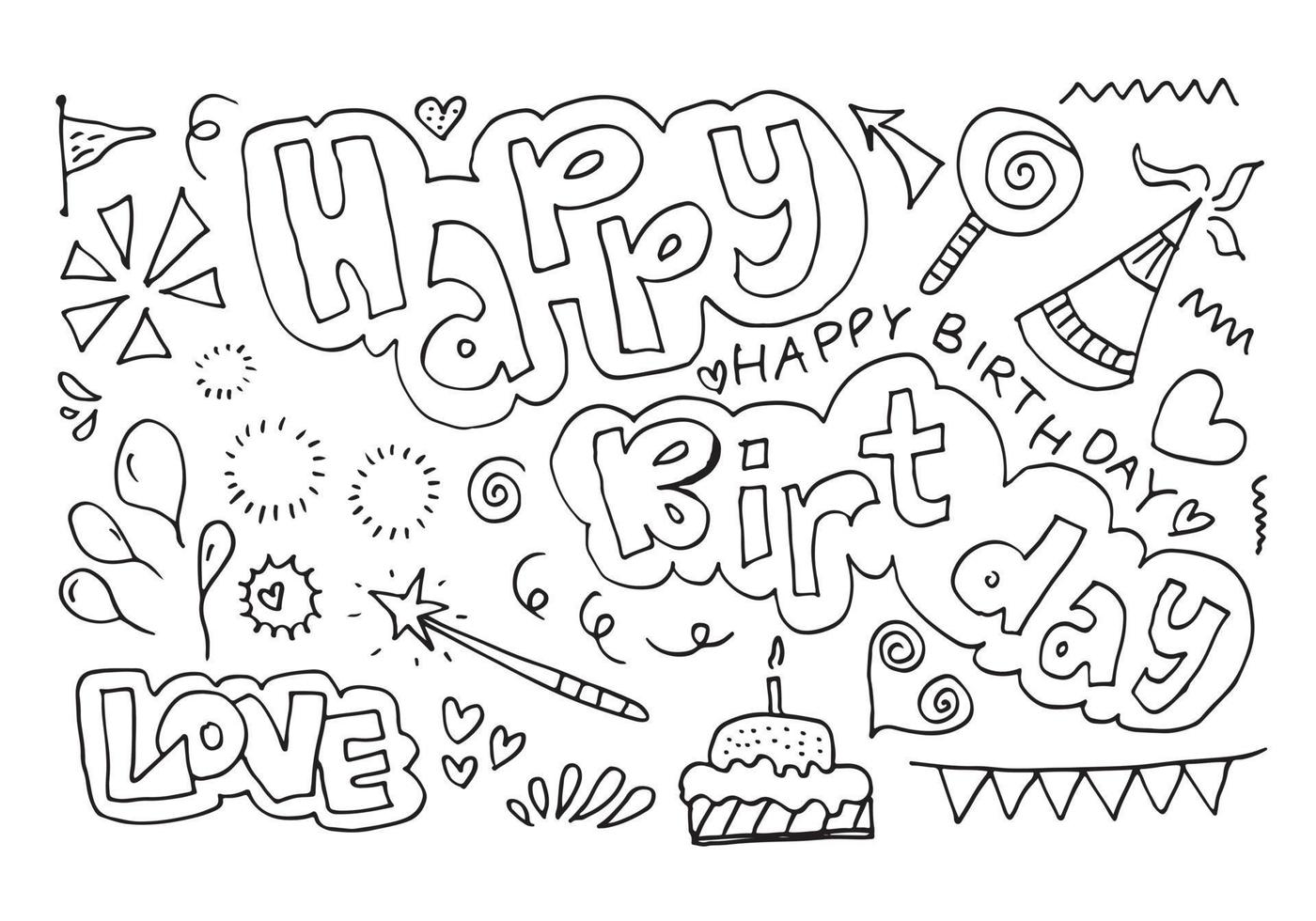 set of hand drawn doodle cartoon objects and symbols on the birthday party. vector