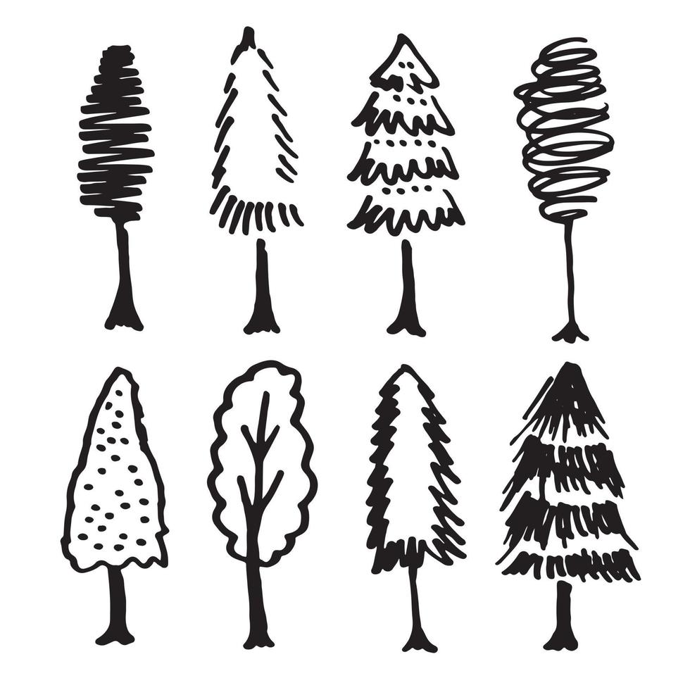 doodle park forest conifer siluetas abstractas árboles delineados en conjunto de colección de color negro vector