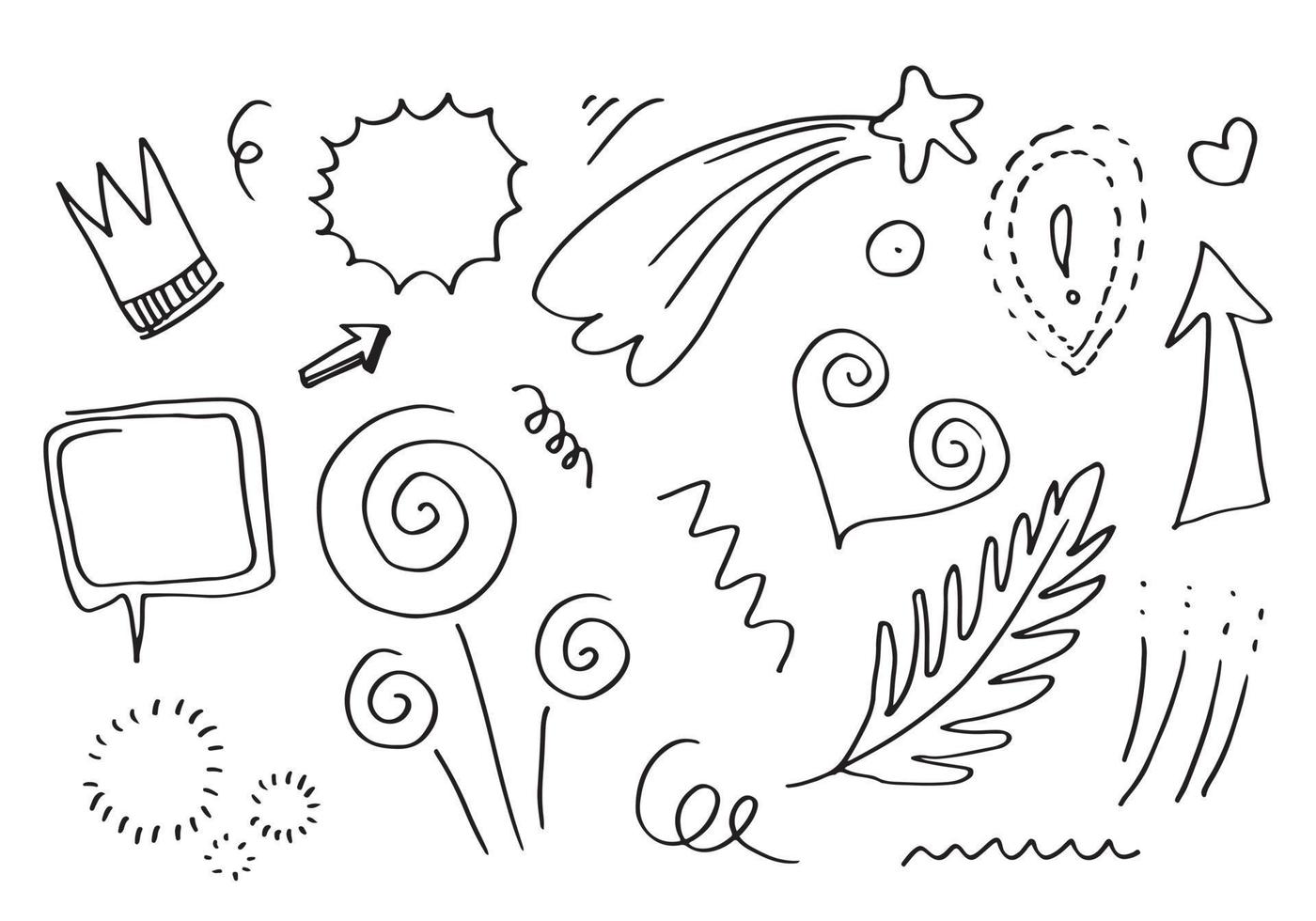 Hand drawn set elements, black on white background. Arrow, heart, love, star, leaf, sun, light, flower, crown, king, queen,Swishes, swoops, emphasis ,swirl, heart, for concept design. vector