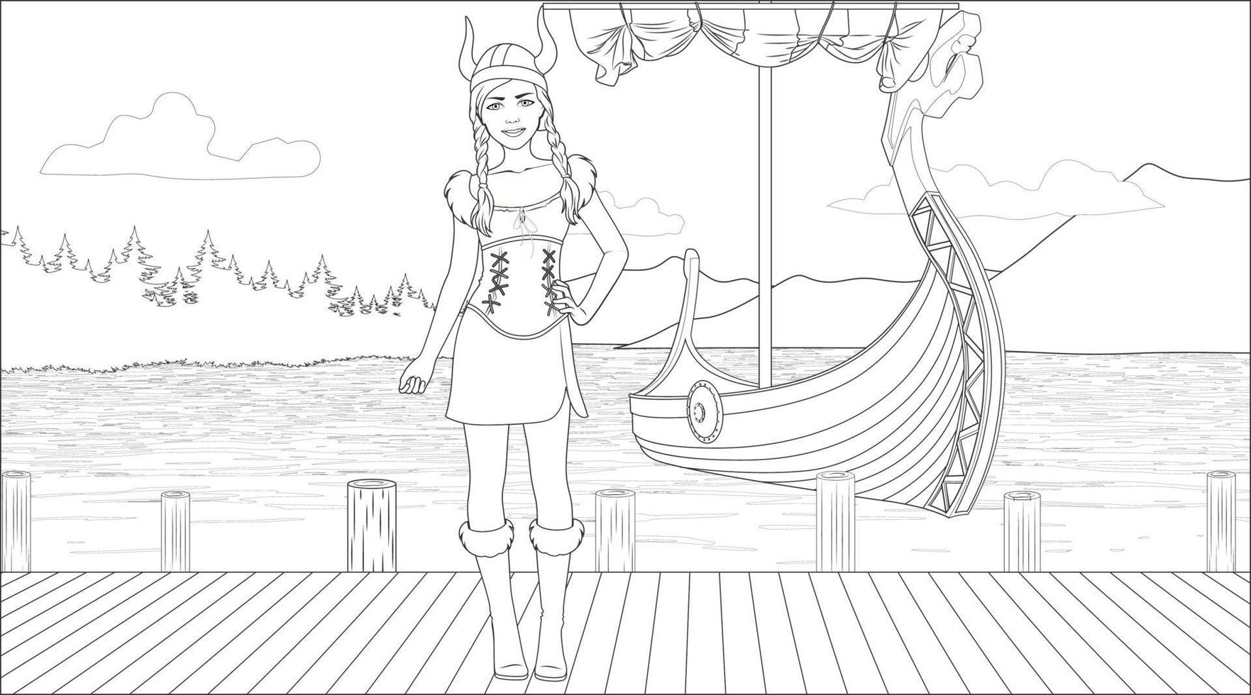 Viking Girl Coloring Page with a Ship Background in the Sea. Vector Illustration