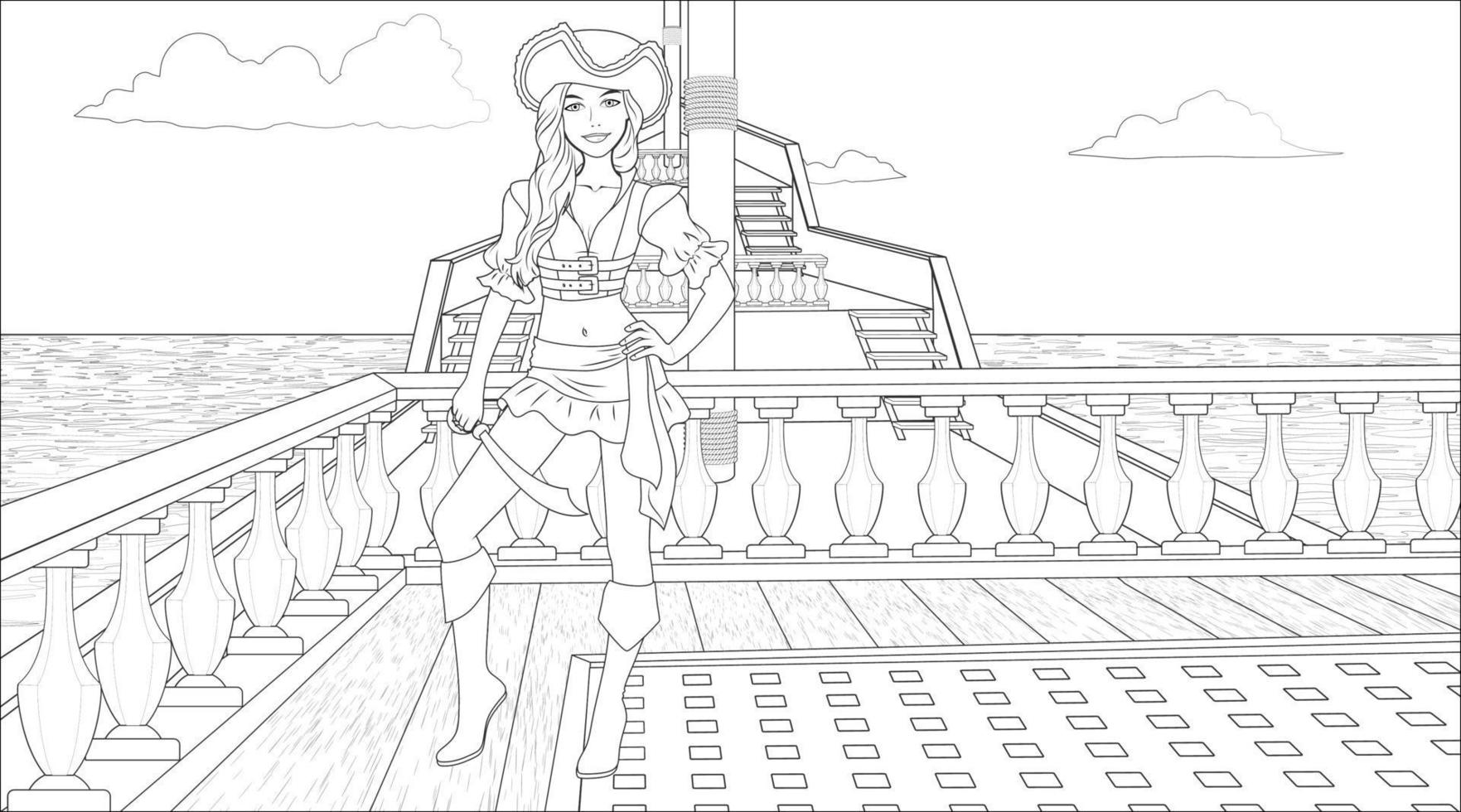 pirata niña colorante página con un Embarcacion antecedentes en el mar. vector ilustración
