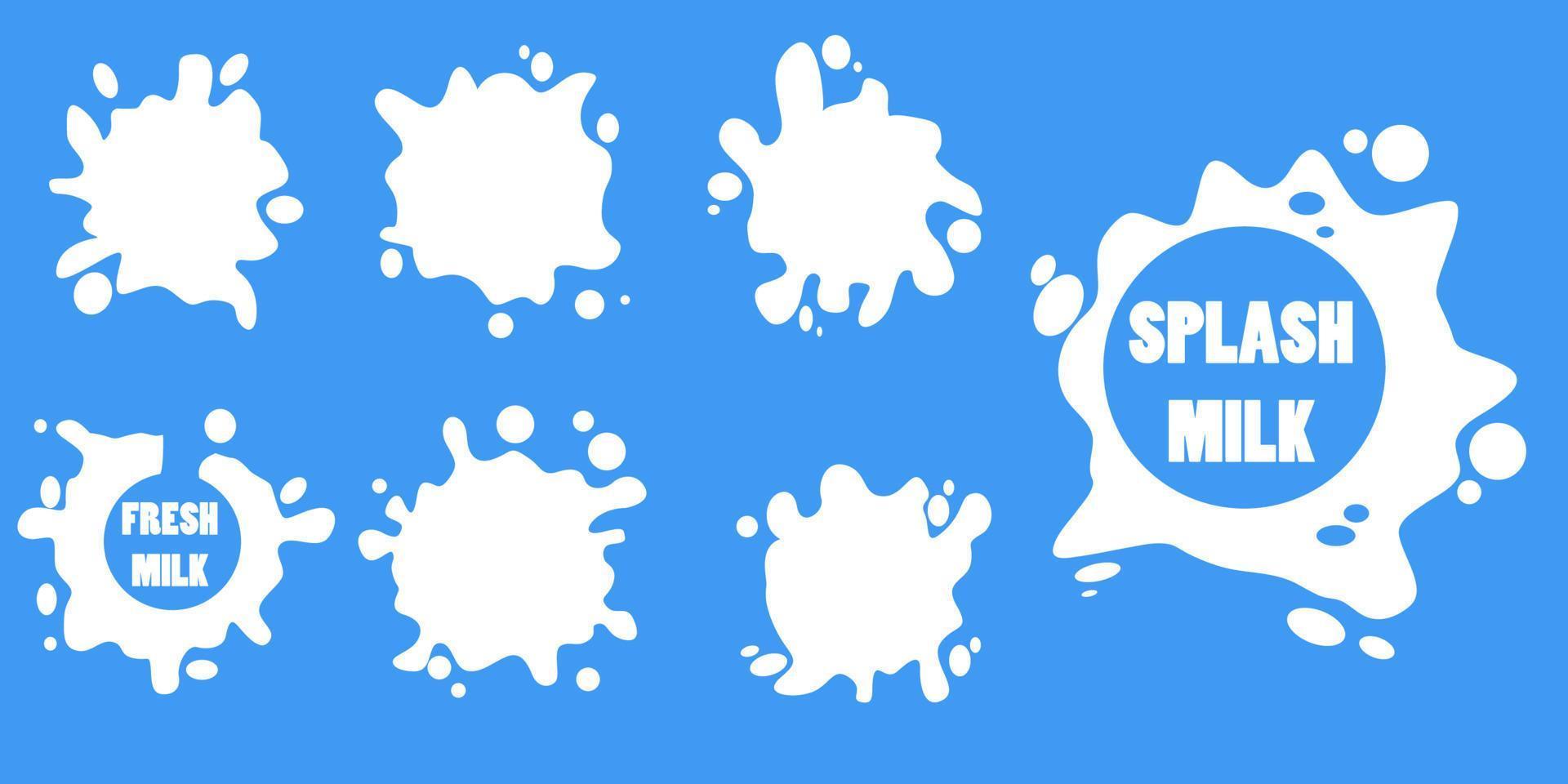 set of flat vector fresh milk, melted, splashes with drops, lumps, spots. Consuming liquid dessert, advertising product, splash design element for promo