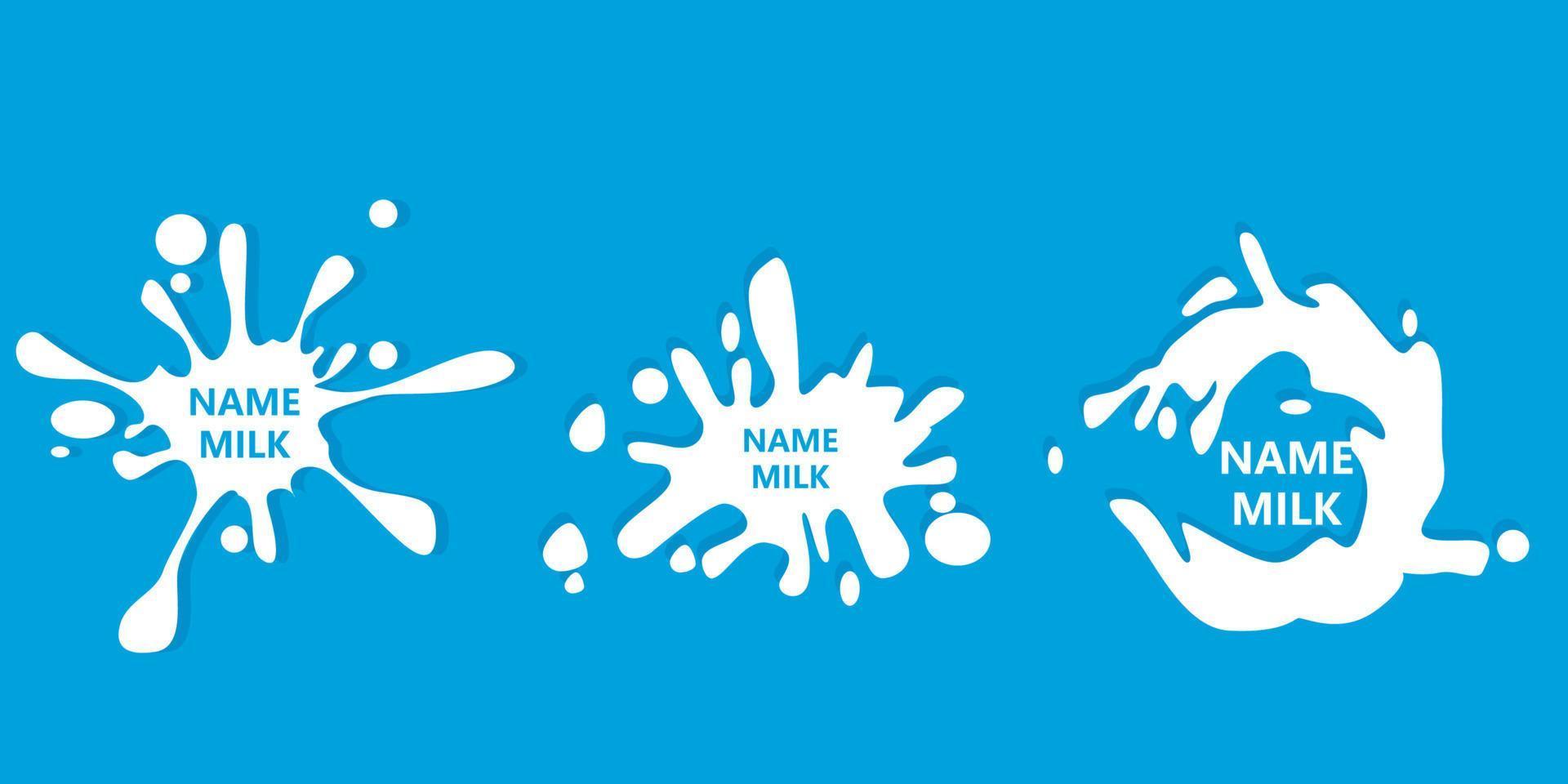 set of flat vector fresh milk, melted, splashes with drops, lumps, spots. Consuming liquid dessert, advertising product, splash design element for promo