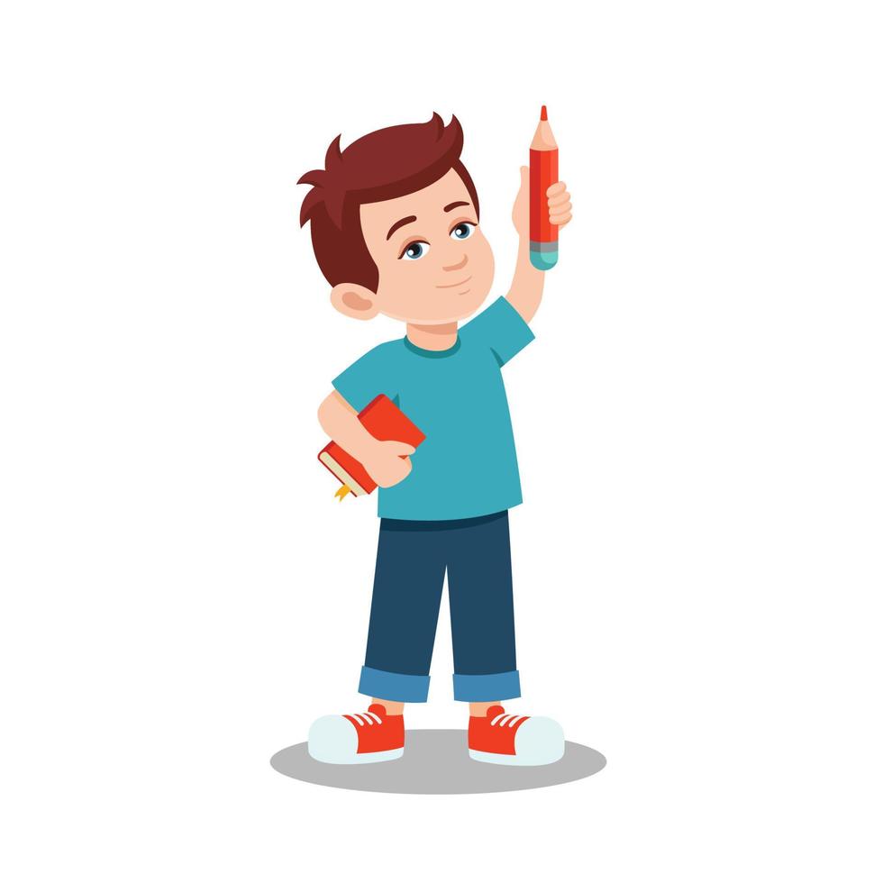 Flat student standing with pencil. Boy with pencil and book. Writer or content manager stands with pen. Copywriting and blogging concept. Cartoon character. Vector illustration