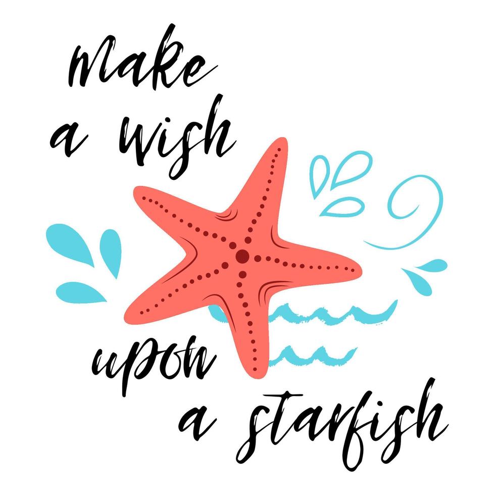 Sea poster with sea fish phrase Make a wish upon a star, wave, seastar Vector typographic banner inspirational quote. Card for summer time, vacation. Cute print, label, logo, sticker, stamp, sign